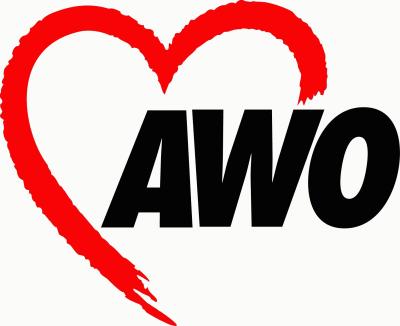 Bild vergrößern: Logo der Arbeiterwohlfahrt: Schwarze Schrift in Großbuchstaben: AWO, links über der Schrift ein rotes Herz, das die Schrift halb umschließt