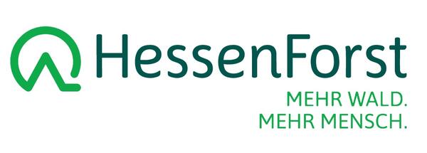 Bild vergrößern: Logo Hessen Forst: links ein abstraktes grünes Waldzeichen, rechts in dunkelgrüner Schrift "HessenForst", Untertitel in hellerem grün "MEHR WALD. MEHR MENSCH."