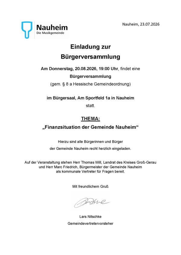 Bild vergr&ouml;&szlig;ern: Einladung B&uuml;rgerversammlung: 20.8.2026 um 19 Uhr in den B&uuml;rgersaal Nauheim