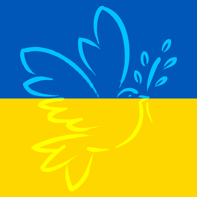 Bild vergrößern: Ukrainische Flagge (gelb-blau), auf der im Vordergrund eine weiße Friedenstaube als Zeichnung angedeutet ist