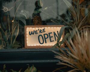 Bild vergrößern: Bild zeigt Schild mit der schwarzen Aufschrift "We're open", das hinter einer Fensterscheibe steht. Die Schrift wird von einer warm leuchtenden Lichterkette umrahmt, neben dem Schild und vor dem Fenster sind dunkelgrüne Pflanzen angeschnitten