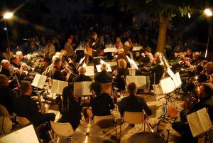 Bild vergrößern: Foto zeigt mehrere Musiker des Nauheimer Musikvereins, die mit ihren Instrumenten in einem Halbkreis angeordnet vor ihren Notenständern sitzen (jährliches Serenadenkonzert)